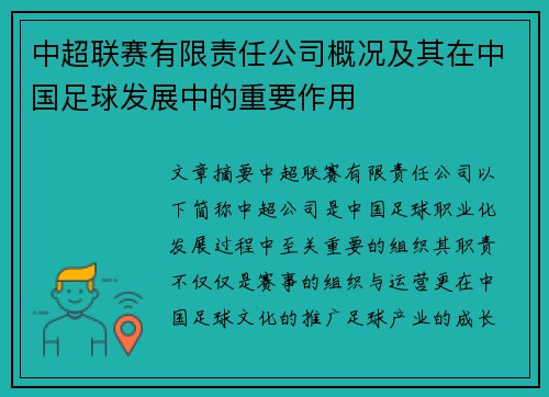 中超联赛有限责任公司概况及其在中国足球发展中的重要作用