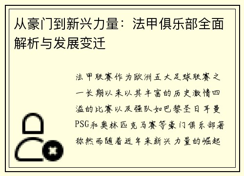 从豪门到新兴力量：法甲俱乐部全面解析与发展变迁