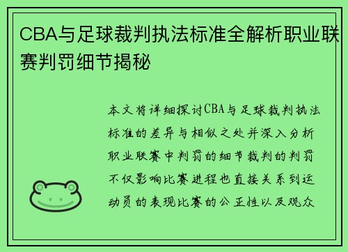 CBA与足球裁判执法标准全解析职业联赛判罚细节揭秘