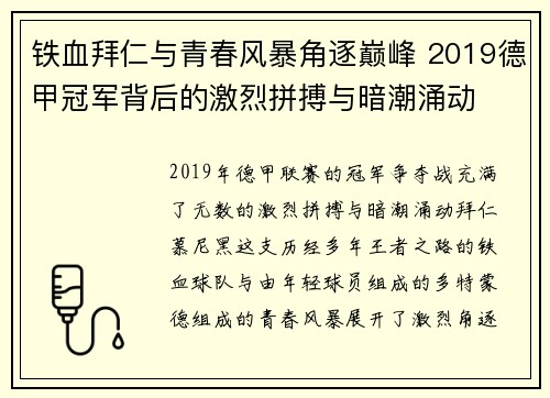 铁血拜仁与青春风暴角逐巅峰 2019德甲冠军背后的激烈拼搏与暗潮涌动