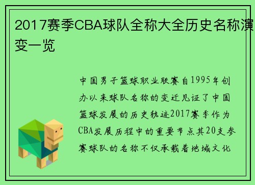 2017赛季CBA球队全称大全历史名称演变一览