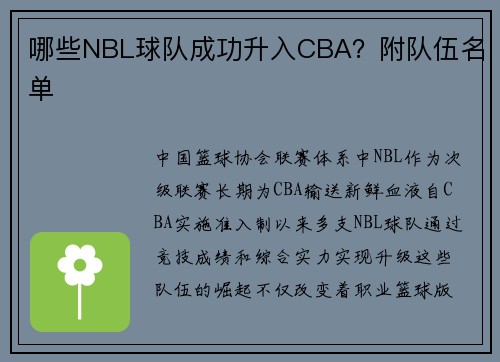 哪些NBL球队成功升入CBA？附队伍名单
