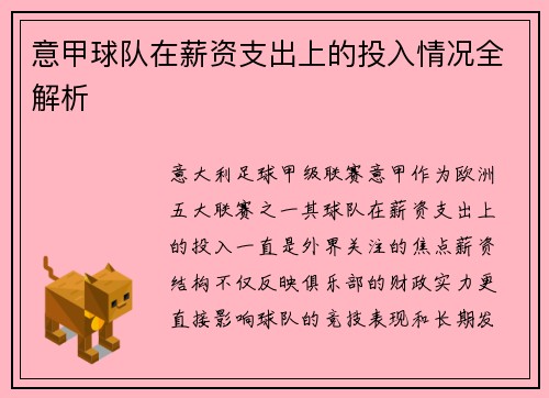 意甲球队在薪资支出上的投入情况全解析